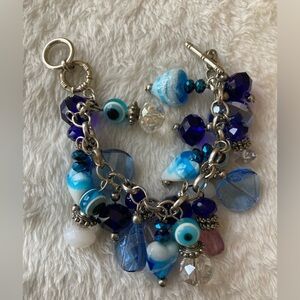 Blue Clear & Pink Glass‎ Beads Charm Bracelet Hearts Evil Eye